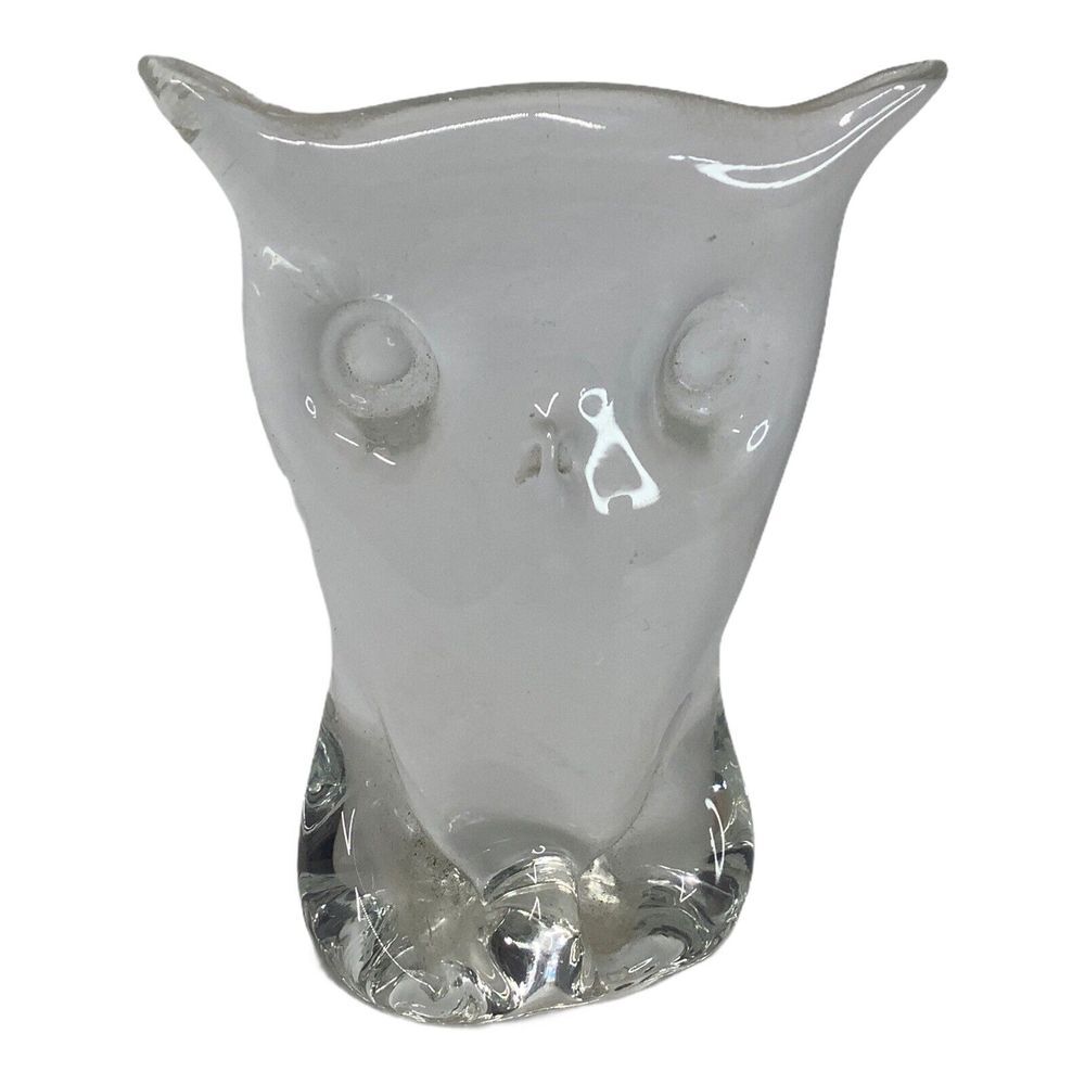 Glass Art Owl Clear Color 4.5" Tall Paperweight Figurine MCM Vintage